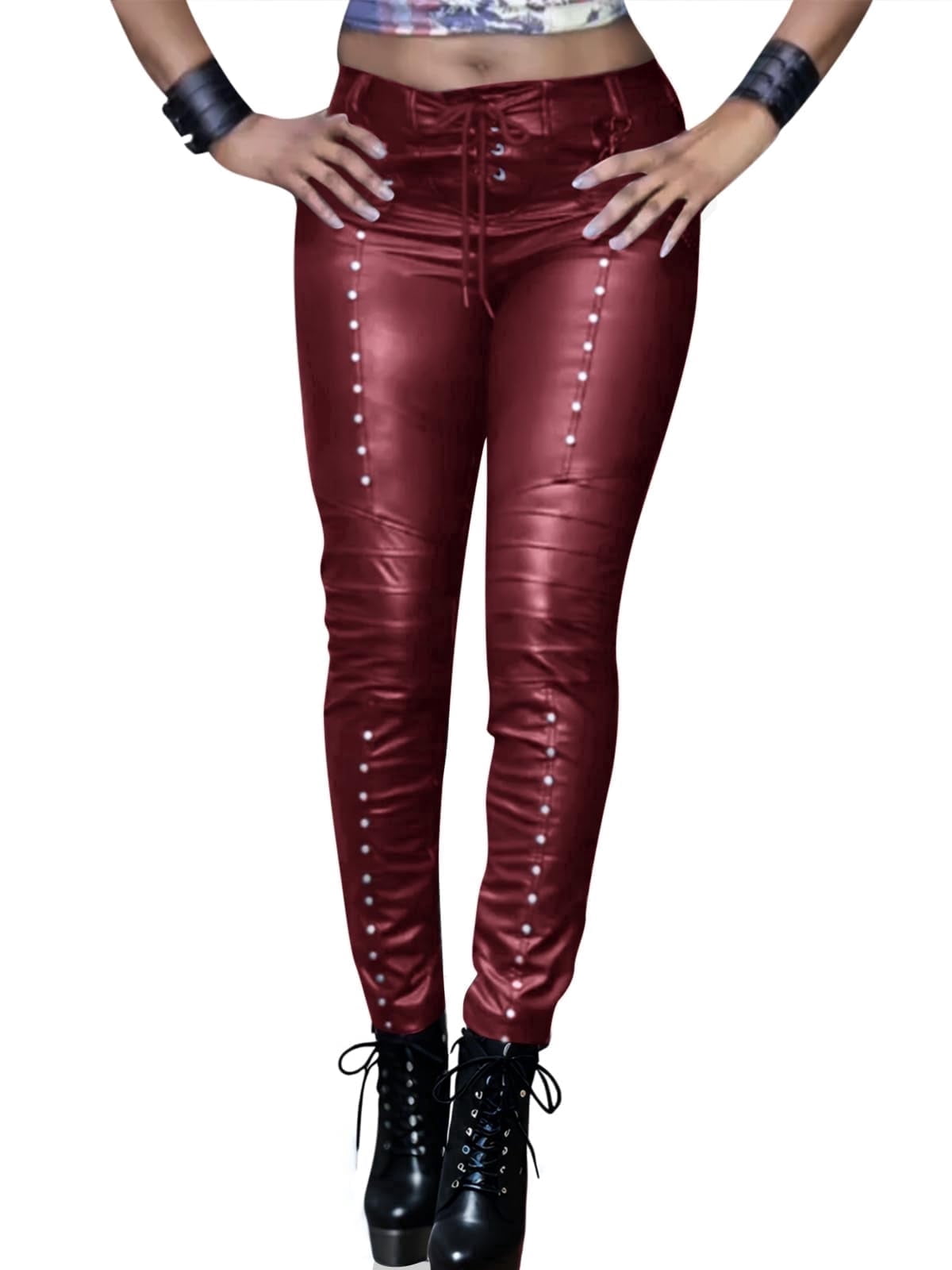 Rock Style Women's Faux Leather Leggings Gothic Punk Skinny PU Leather Pants Mid Rise Novelty Studded Tight Pants