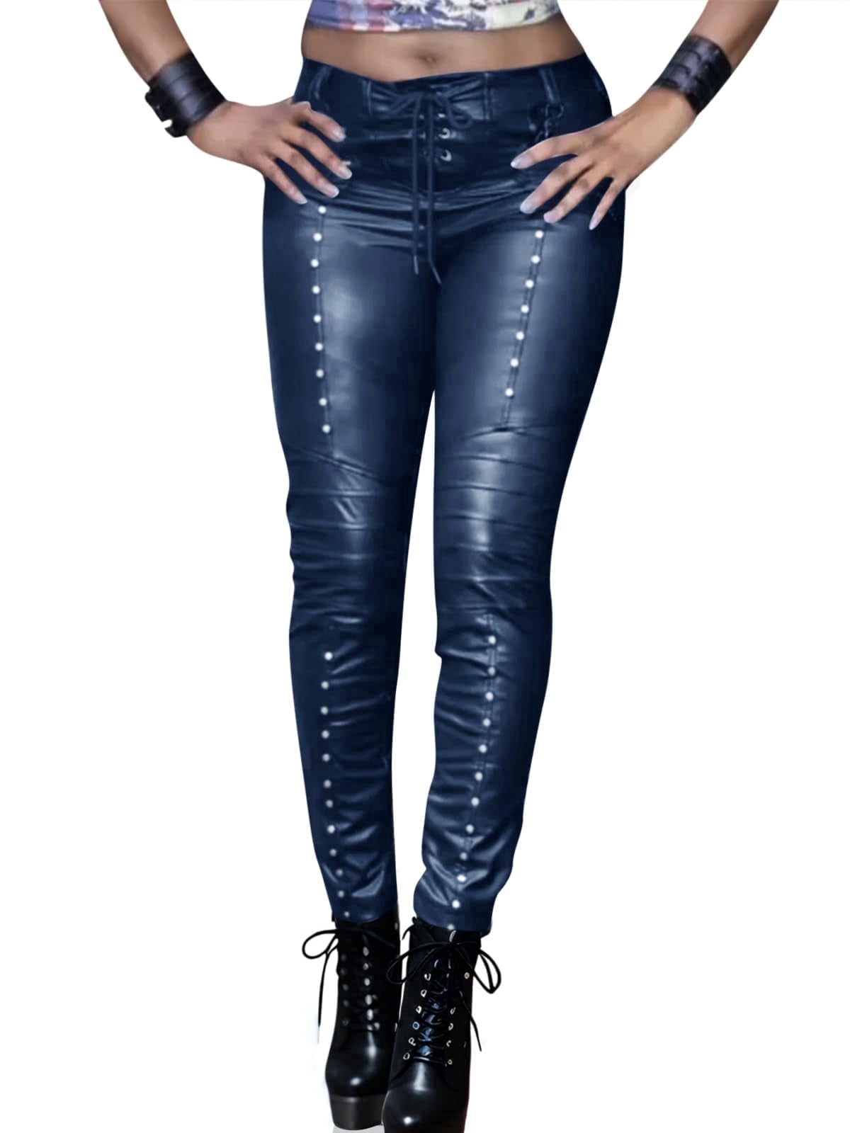 Rock Style Women's Faux Leather Leggings Gothic Punk Skinny PU Leather Pants Mid Rise Novelty Studded Tight Pants