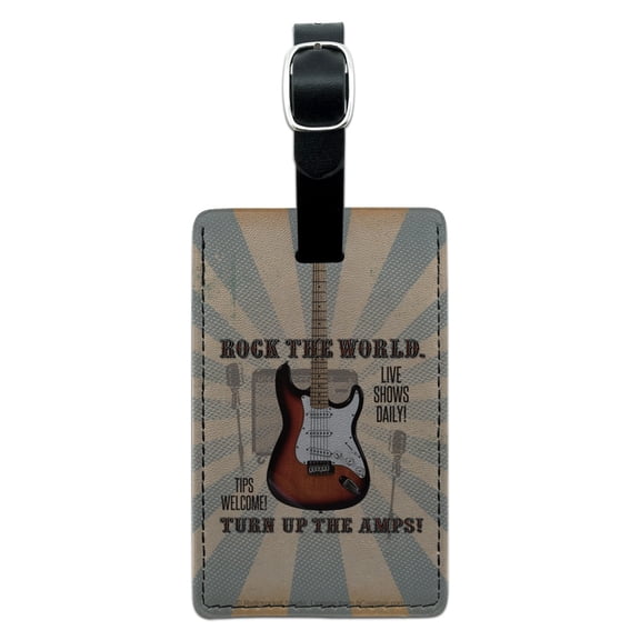 Rock The World Guitar Turn Up Amps Rectangle Leather Luggage Card Suitcase Carry-On ID Tag