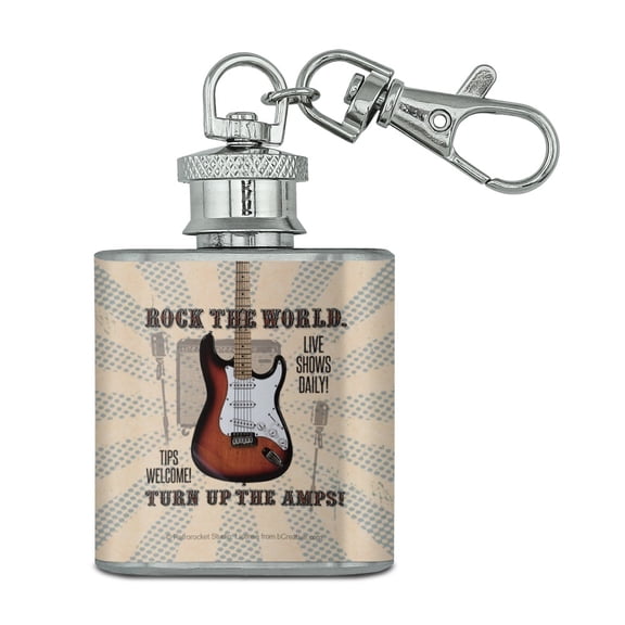 Rock The World Guitar Turn Up Amps Stainless Steel 1oz Mini Flask Key Chain