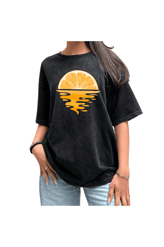 Rock Trendy Orange Sunset Art Vibe Washed Black Orange Slice Graphic Tees Print Tshirt Shirts Short Sleeve Tops S-2XL Tops