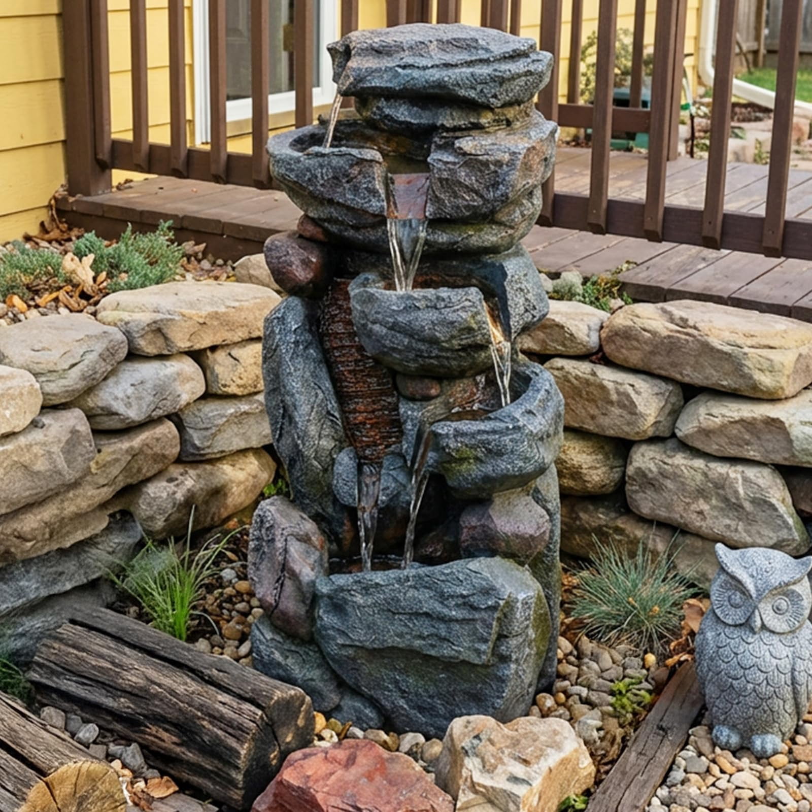 Rock Water Fountain Outdoor 6-Tiers Waterfall Fountain with LED Lights for Garden, Living Room, Patio, Home Decor