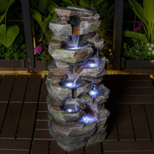 Rock Waterfall Outdoor Fountain with LED Lights, 23.6" Cascading Tiered Stone Garden Fountain, Resin Water Feature for Patio Lawn Backyard Décor, Gray