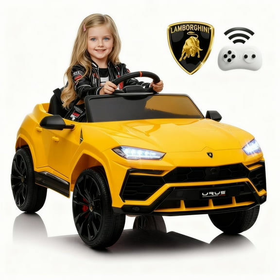 Rock Wheels Licensed Lamborghini Urus Ride On Truck Car Toy, 12V Battery Powered Electric 4 Wheels Kids Toys w/ Parent Remote Control, Foot Pedal, Music, Aux, LED Headlights, 2 Speeds (Yellow)