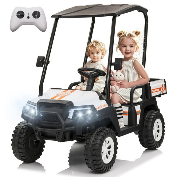 Rock Wheels 2 Seater 12V Ride On Toy Truck Golf Cart for Big Kids w/ Roof, Sun Shade, Storage Trunk, 2WD, Parent remote Control, 3 Speeds, LED Lights, Bluetooth & Music