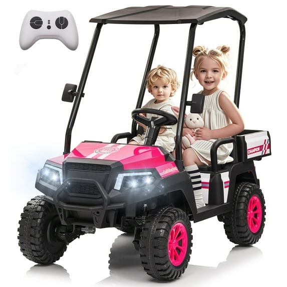 Rock Wheels 2 Seater 12V Ride On Toy Truck Golf Cart for Big Kids w/ Roof, Sun Shade, Storage Trunk, 2WD, Parent remote Control, 3 Speeds, LED Lights, Bluetooth & Music