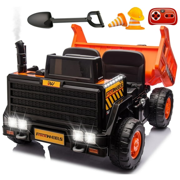 Rock Wheels 24V7AH Ride On 2-Seater Dump Truck, 4X200W Motors, Ride On Car w/Electric Dump Bed, Extra Shovel, Parent Remote Control, LED Lights, Steam Spray, Helmet, 24" Spacious Seat - Orange