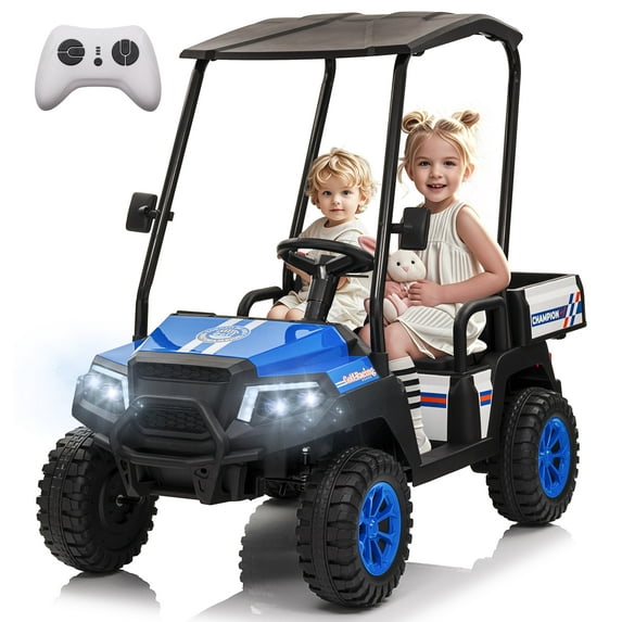 Rock Wheels 4 Seater 24V Ride On Toy Truck Golf Cart for Big Kids w/ Roof, Sun Shade, Storage Trunk, 4WD, Remote Control, LED Lights, Bluetooth & Music