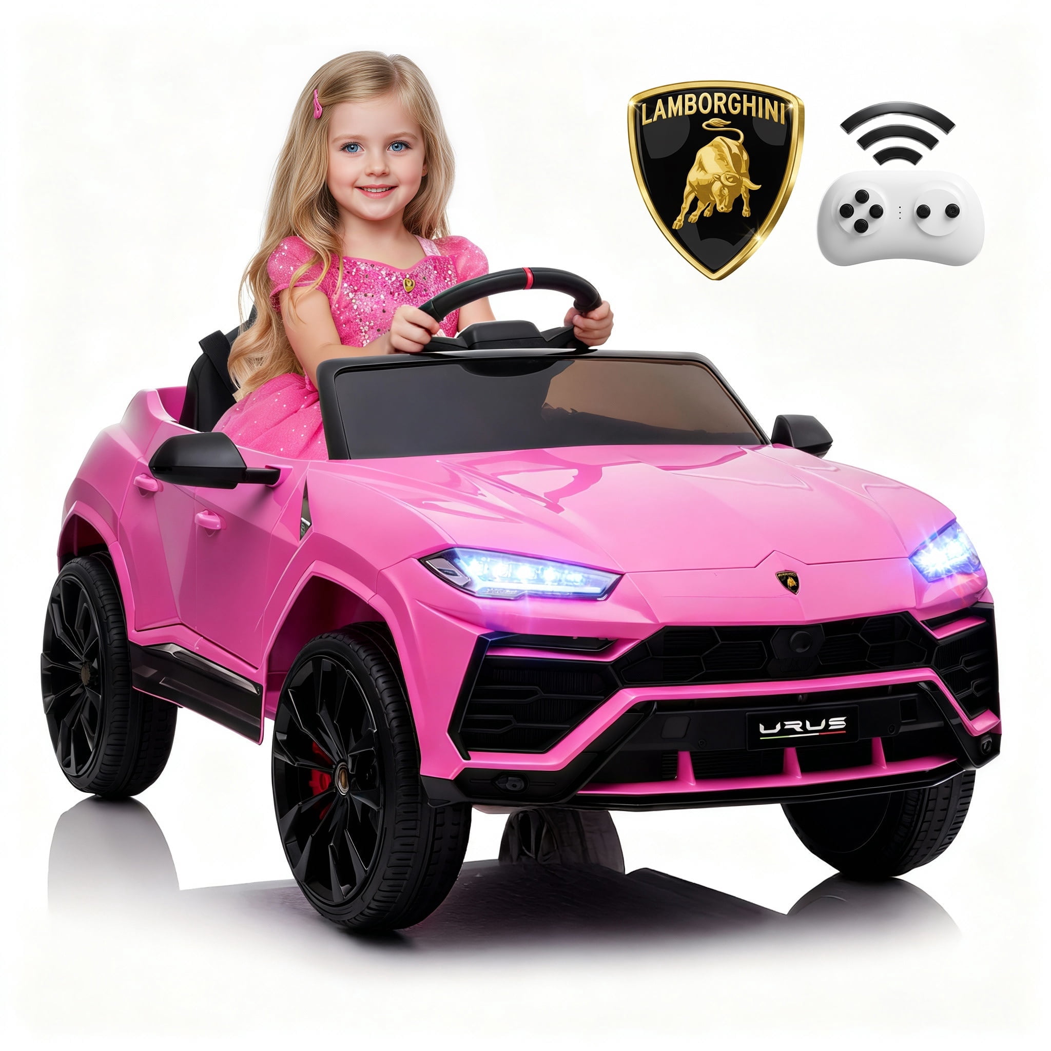Rock Wheels Licensed Lamborghini Urus Ride On Truck Car Toy, 12V Battery Powered Electric 4 Wheels Kids Toys w/ Parent Remote Control, Foot Pedal, Music, Aux, LED Headlights, 2 Speeds (Pink)
