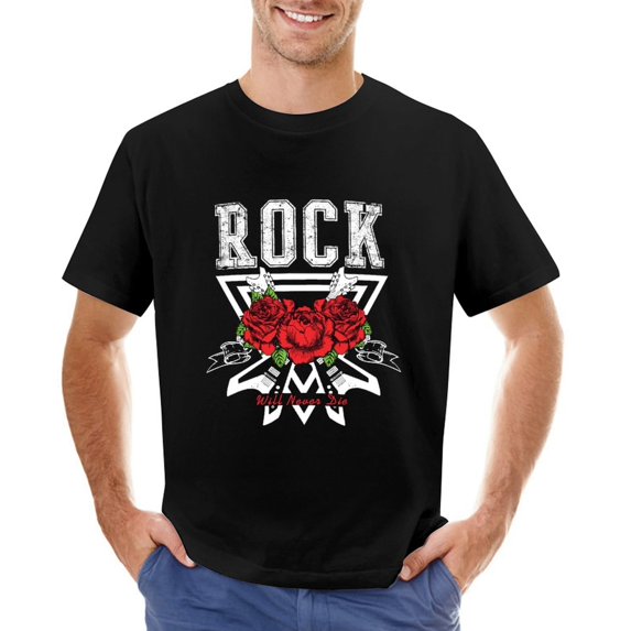 Rock Will Never Die Text Guitar And Red Roses Vintage T-shirt Mens Cotton Classic Crewneck Short Sleeve Tees Unisex Black 5XL
