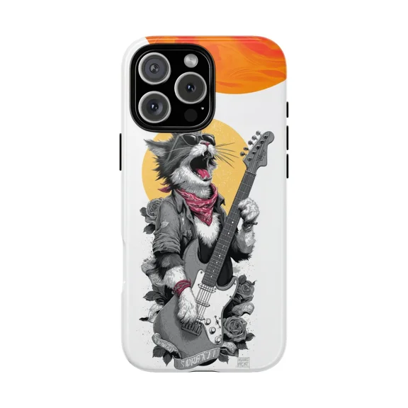 Rock and Roll Cat Guitar Flash Phone Cover with iPhone 11 to 17 Pro Max
