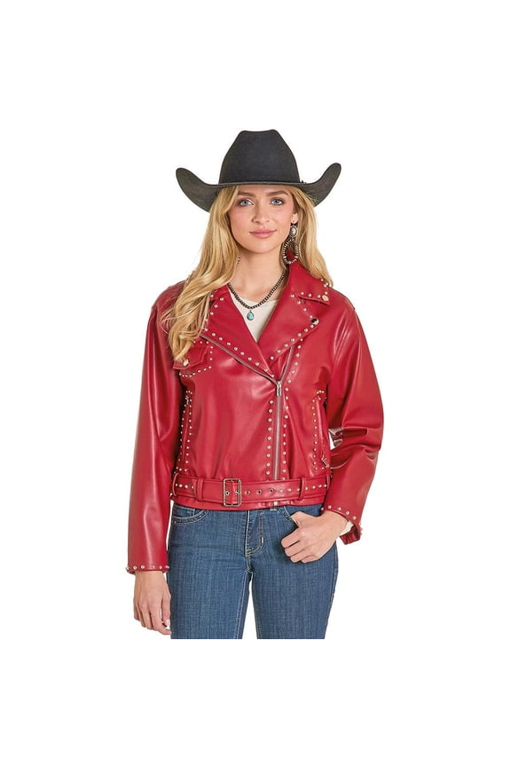 Rock and Roll Denim Rock n Roll Womens Red Studded Pleather Moto Jacket Red XL