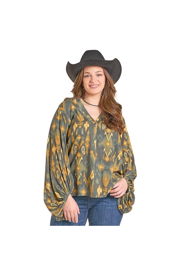 Rock and Roll Denim Womens Rock n Roll Balloon Sleeve Top 2X Olive