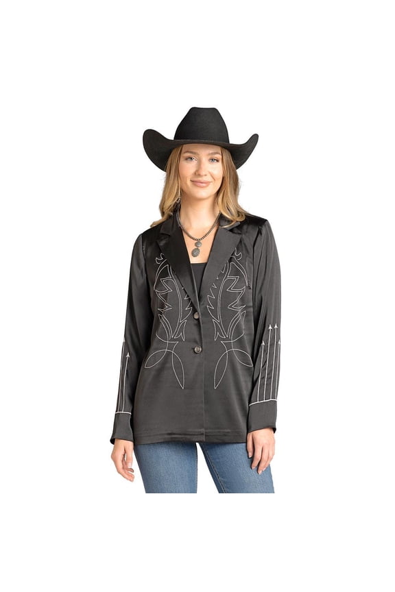 Rock and Roll Denim Womens Rock n Roll Boot Stitch Embroidered Blazer L Black