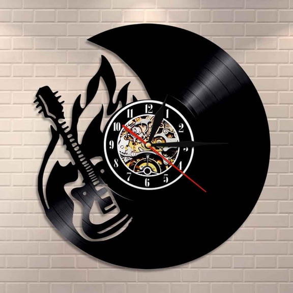 Rock and Roll Fire Guitar Wall Clock Home Decor Flaming Guitar Vinyl Record Clock Rock Band Music Fan Guitar Player Gift Idea