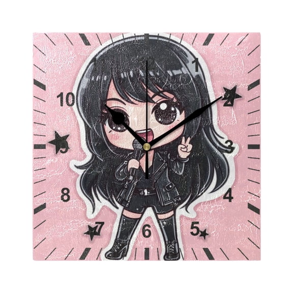 Rock and Roll Girl Singing Wall Clock Battery Operated Silent Non-Ticking Bedroom Office Kitchen Home School Decor 7.8"(Black)