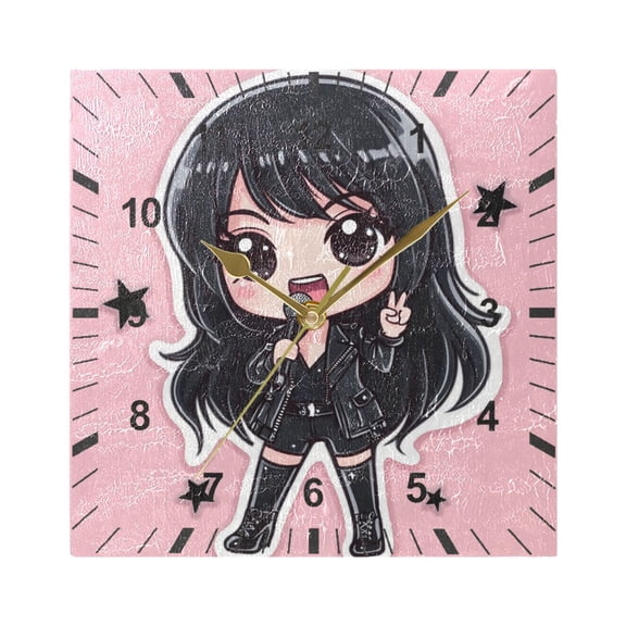 Rock and Roll Girl Singing Wall Clock Battery Operated Silent Non-Ticking Bedroom Office Kitchen Home School Decor 7.8"(Gold)