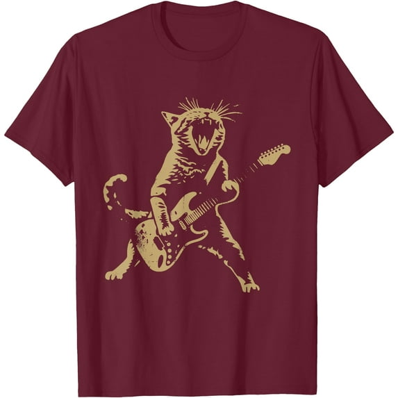 Rock and Roll Guitar Cat Funny Rockstar Cat Playing Guitar Unisex T-Shirt for Men Women Kids Toddler,Maroon Color,Size 5XL