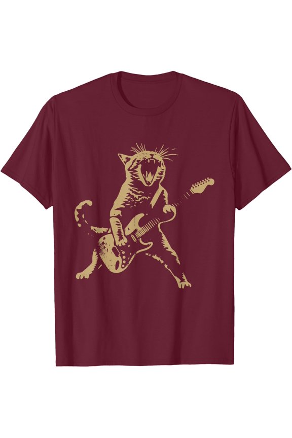 Rock and Roll Guitar Cat Funny Rockstar Cat Playing Guitar Unisex T-Shirt for Men Women Kids Toddler,Maroon Color,Size XL