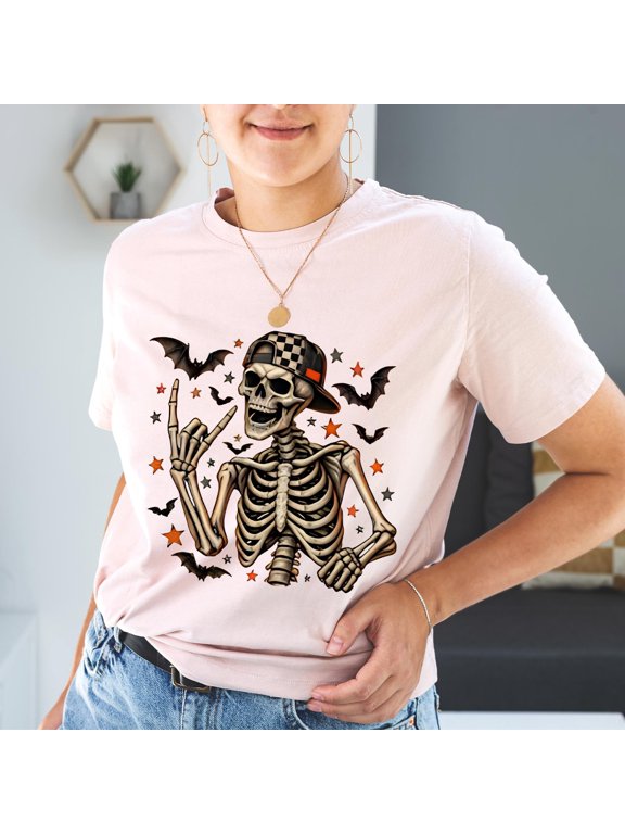 Rock and Roll Skeleton T-shirt Skeleton Graphic Tee Halloween Party Shirt Spooky Season Apparel Halloween Costume Alternative