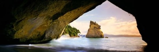 Rock formations in the Pacific Ocean Cathedral Cove Coromandel East Coast North Island New Zealand Canvas Art - Panoramic Images (36 x 12)