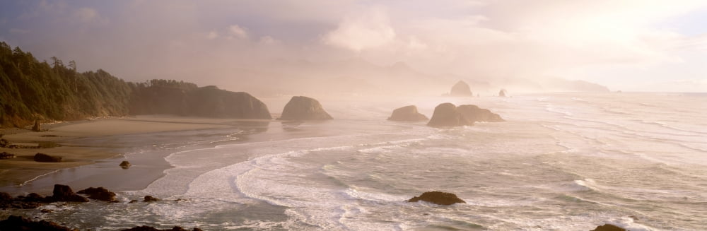 Rock formations in the ocean Ecola State Park Cannon Beach Clatsop County Oregon USA Canvas Art - Panoramic Images (12 x 36)