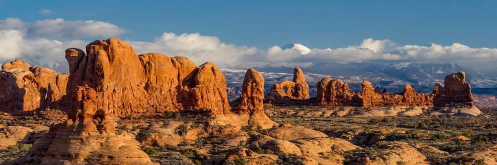 Rock formations with mountain range in the background Turret Arch La Sal Mountains Arches National Park Utah USA Canvas Art - Panoramic Images (12 x 36)