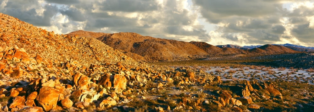 Rock formations on landscape at sunrise Bow Willow Campground Anza Borrego Desert State Park California USA Canvas Art - Panoramic Images (13 x 36)