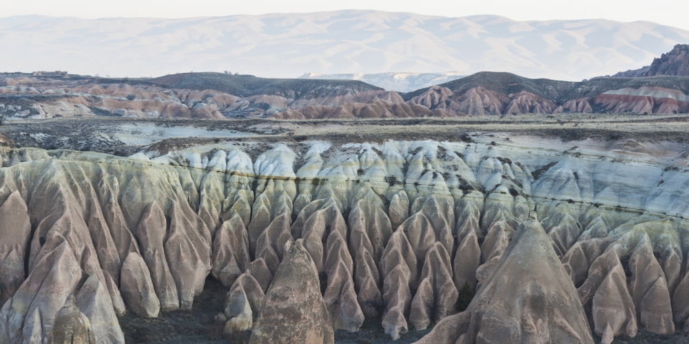 Rock formations with peaksGoreme nevsehir turkey Canvas Art - Keith Levit Design Pics (42 x 20)