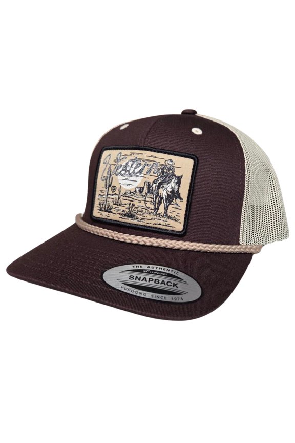 Rock n Roll Denim Western Logo Patch Adjustable Snapback Cap Hat, Brown