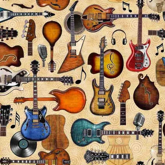 Cotton Rock N Roll Fantasy Electric Guitar Records Vinyl Music Headphones Quilting Treasures Cotton Fabric Print by the Yard (2600-30732-A)