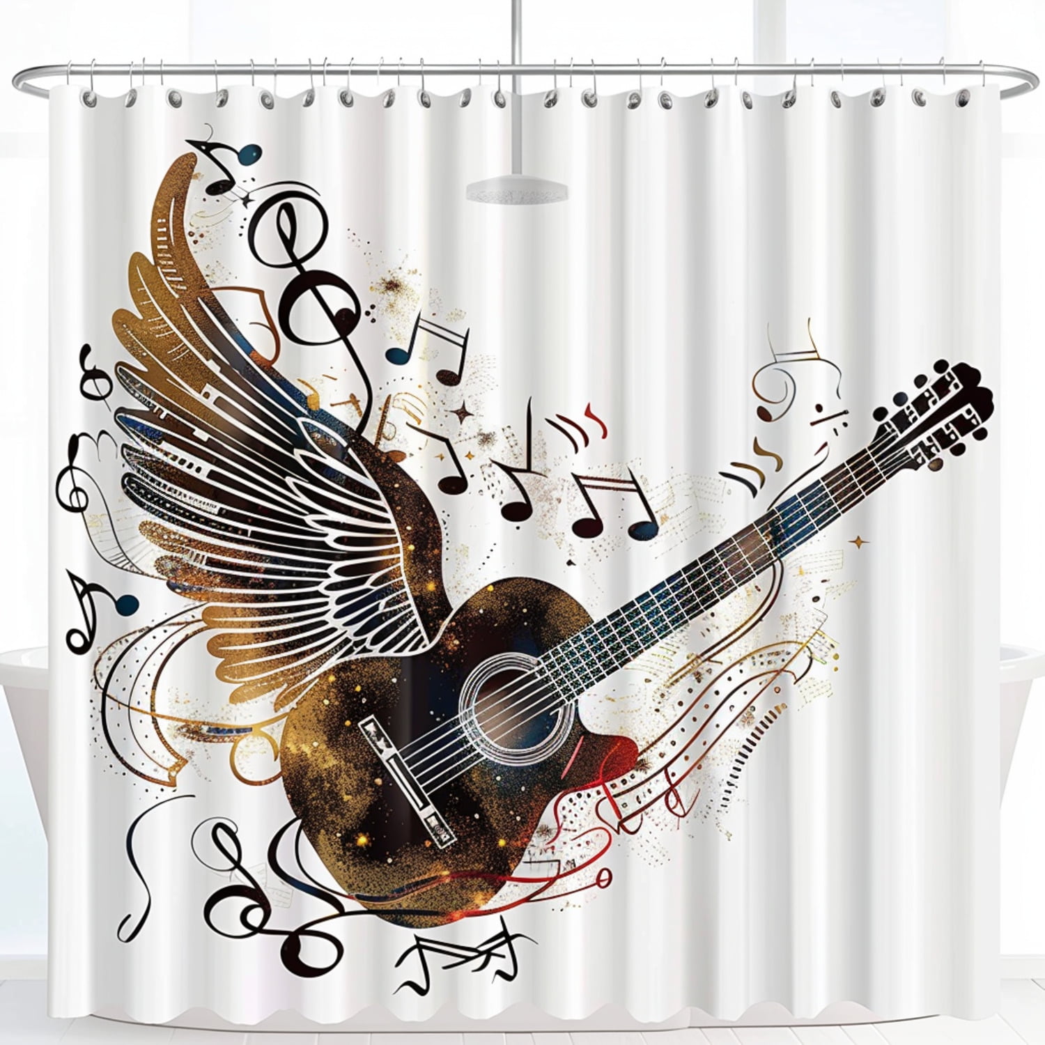 Rock 'n' Roll Guitar Wings Shower Curtain Musical Notes Bathroom