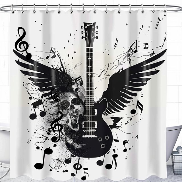 Rock 'n' Roll Guitar Wings Shower Curtain Musical Notes Design for a