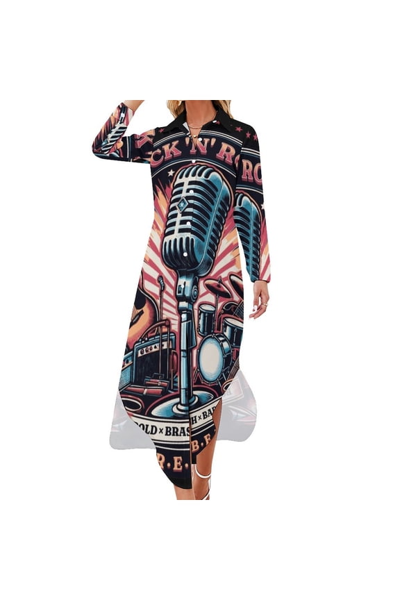 Rock n Roll Vintage Music Instruments Gift Long Sleeved Shirt Dress Beachwear elegant women's dresses sale