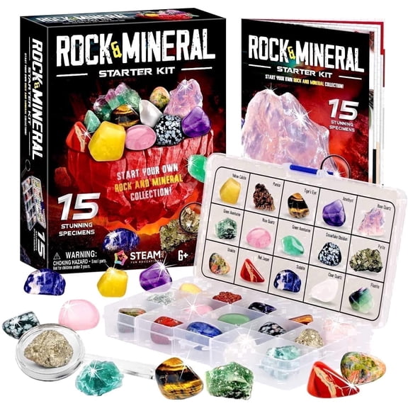 Piano Potato 15Pcs Rock Collection for Kids - Large Size Gemstone Kit with Magnifying Glass & Labeled Storage Case, STEM Geology Science Toy Gift