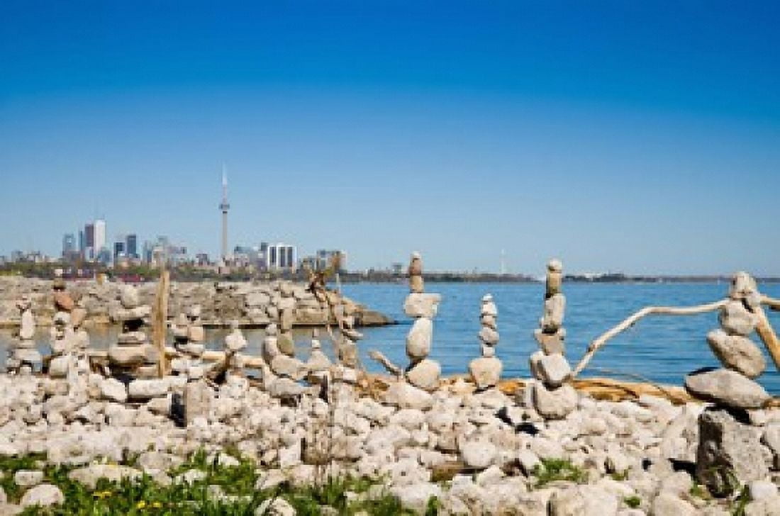 Rock stacks with skylines in the background Toronto Ontario Canada 2013 Canvas Art - Panoramic Images (36 x 24)