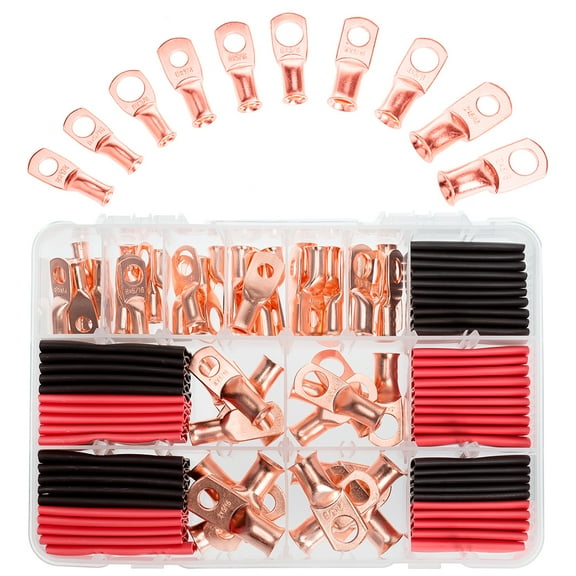 RockDIG 100PCS Copper Wire Lugs AWG 8 6 4 2 Gauge with Heat Shrink Tube Assortment Kit Heavy Duty Closed End Electrical Wire Cable Battery Terminal Crimp Connectors