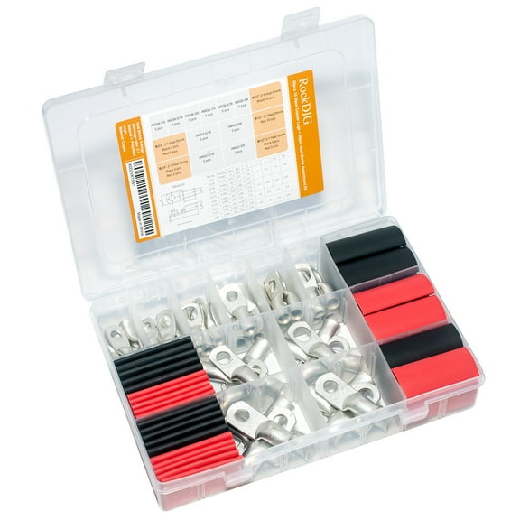 RockDIG 100PCS Tinned Copper Wire Lugs AWG 8 6 4 2 Gauge with Heat Shrink Tube Assortment Kit Heavy Duty Closed End Electrical Wire Cable Battery Terminal Crimp Connectors