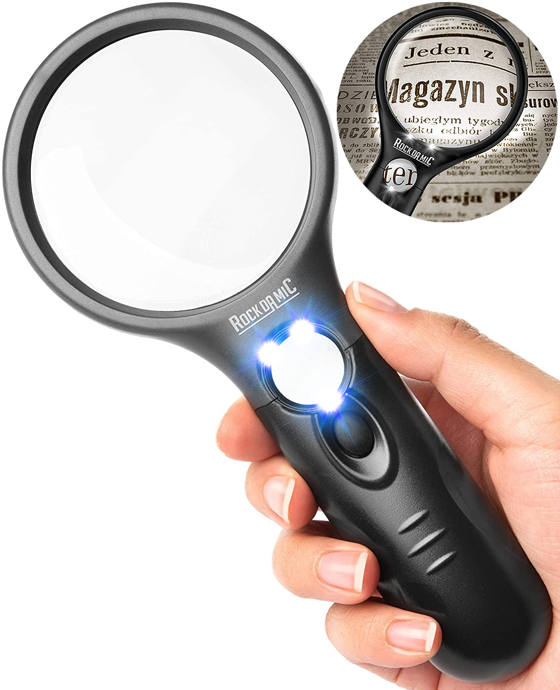 RockDaMic Professional Magnifying Glass with Light (3X / 45x) Large Lighted Handheld Glass Magnifier Lupa for Reading, Jewelry, Coins, Stamps, Fine Print - Strongest Magnify for Kids & Seniors - image 1 of 11
