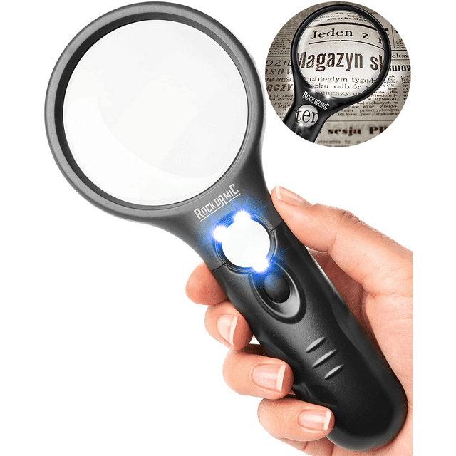 RockDaMic Professional Magnifying Glass with Light (3X / 45x) Large Lighted Handheld Glass Magnifier Lupa for Reading, Jewelry, Coins, Stamps, Fine Print - Strongest Magnify for Kids & Seniors