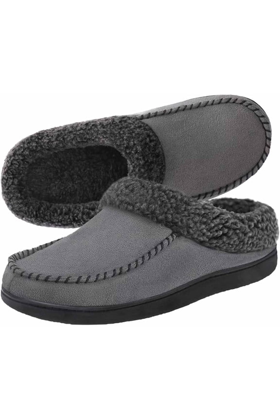 Men's Moccasin Slippers with Memory Foam Insole, Slip on House Slippers, Warm Faux Sherpa Lining House Shoes Clog with Nonslip Rubber Sole for Indoor & Outdoor