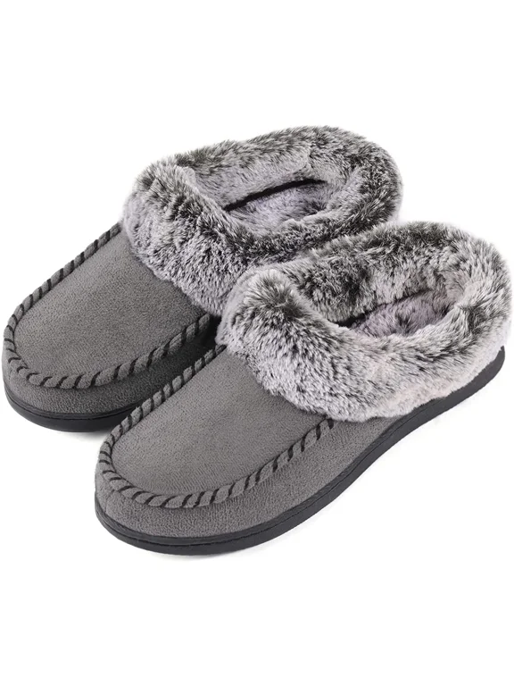 Women's Faux Fur Collar Moc Toe Clog Slipper