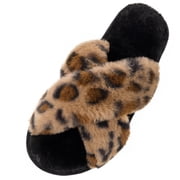 RockDove Womens Faux Fur Open Toe Cross Band Slippers