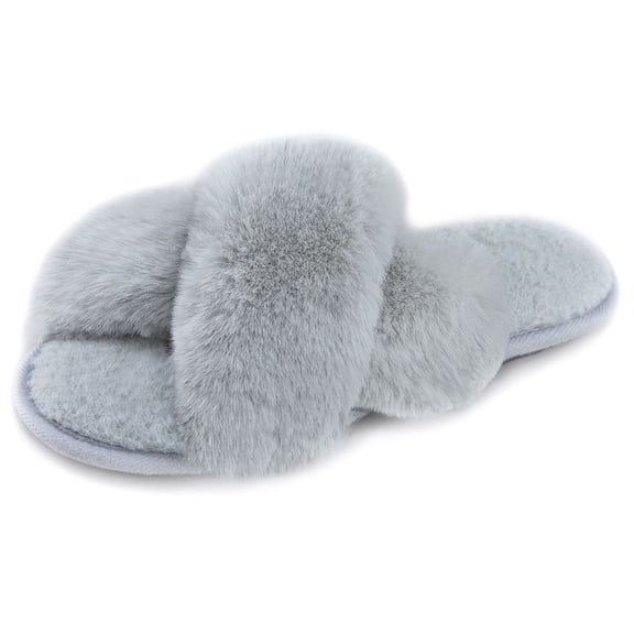 RockDove Women's Open Toe Fluffy Slippers with Memory Foam, Ladies' Cross Band House Shoes, Faux Fur Slip on Home Slippers for Indoor Outdoor