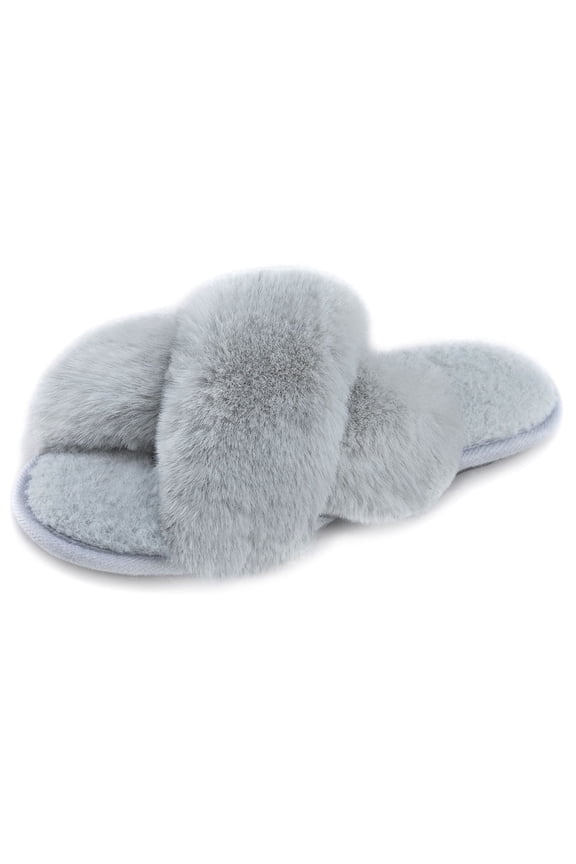 Women's Open Toe Fluffy Slippers with Memory Foam, Ladies' Cross Band House Shoes, Faux Fur Slip on Home Slippers for Indoor Outdoor