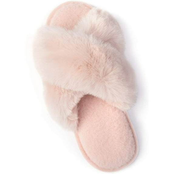 RockDove Women's Open Toe Fluffy Slippers with Memory Foam, Ladies' Cross Band House Shoes, Faux Fur Slip on Home Slippers for Indoor Outdoor