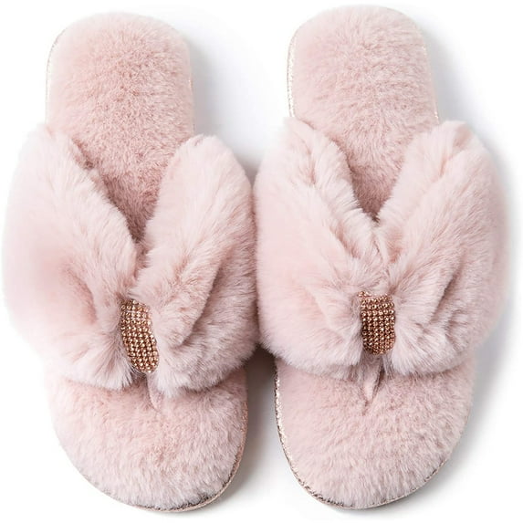 RockDove Women's Rhinestone Faux Fur Flip Flop House Slipper with Memory Foam