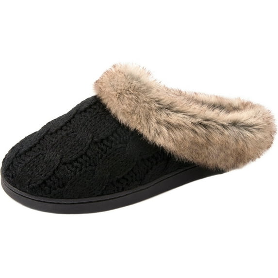 RockDove Women's Soft Yarn Cable Knitted Slippers Memory Foam Anti-Skid Sole House Shoes w/Faux Fur Collar, Indoor & Outdoor