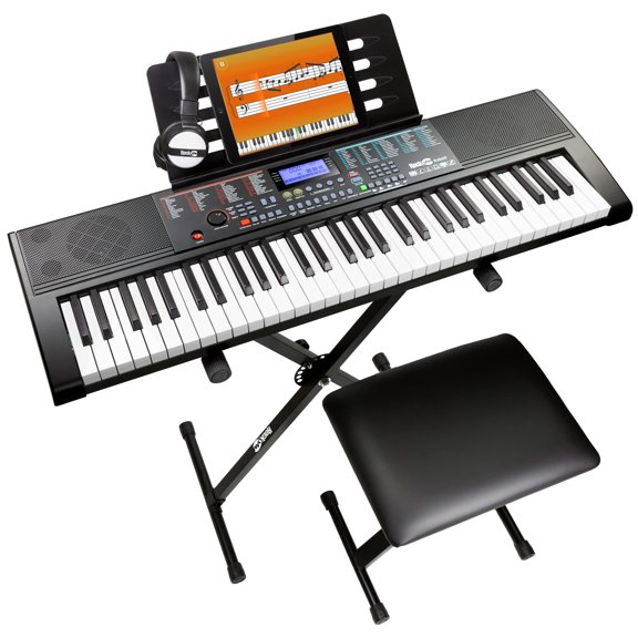 RockJam 61-Key Keyboard Piano Kit with Stand, Bench, Headphones, Note Stickers and Lessons