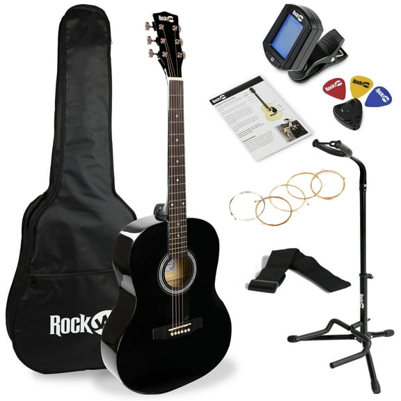 RockJam Black Full-Size Dreadnought Acoustic Guitar Kit with Tuner, Bag , Stand & Lessons